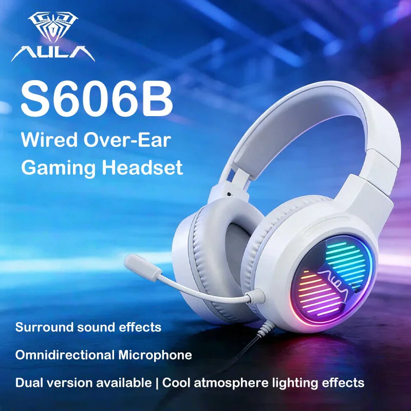 AULA S606B Wired Gaming Headset 50mm Driver Virtual 7.1 Surround Sound Noise Cancelling Mic RGB Gaming Headphones