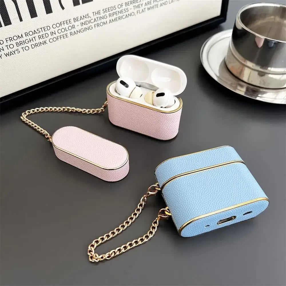 Bucket Bag Earphone Case for Apple Airpods 1/2/3Pro2 High Quality Electroplated Leather Soft Case with Pendant Chain Fashionable