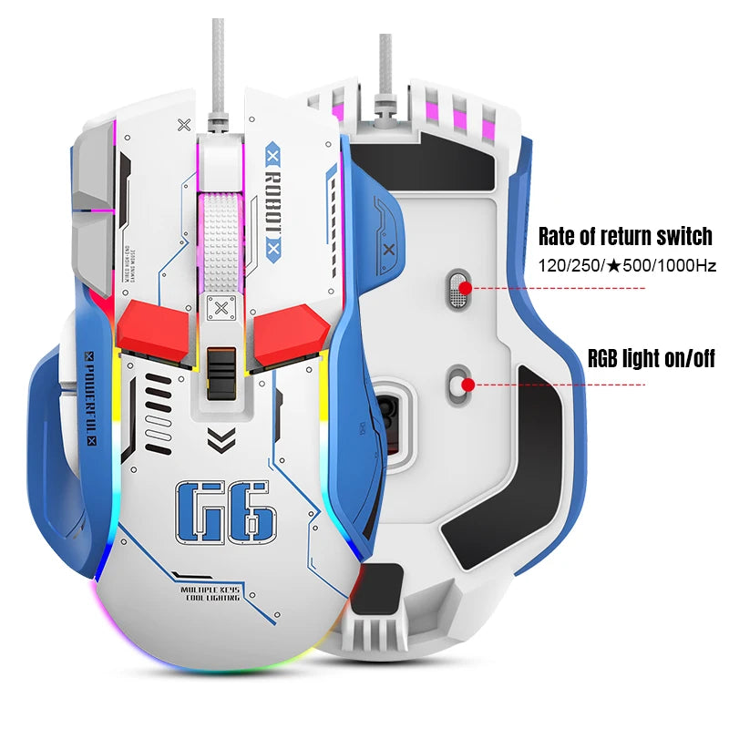 FreeWolf G6 Mechanical Wired Gaming Mouse 12800 DPI RGB Backlit Macro Ergonomic Mecha Design Ergonomic Gaming Office