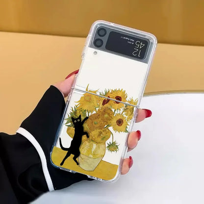 Retro Painting Van-Gogh Black Cat Case for Samsung Galaxy Z Flip 6 ZFlip7 Transaprent Cover for Samsung ZFlip 8 5 4 3 Fundas