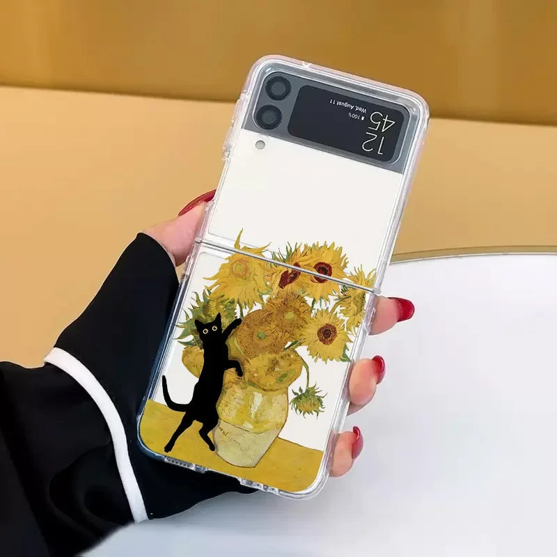 Retro Painting Van-Gogh Black Cat Case for Samsung Galaxy Z Flip 6 ZFlip7 Transaprent Cover for Samsung ZFlip 8 5 4 3 Fundas