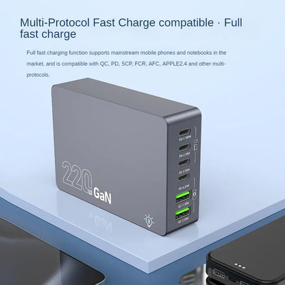 220W GaN Desktop Charger 6-Ports PD 100W USB Type C QC 3.0 Fast Charging Station for IPhone 16 Pro Tablet Macbook Samsung Laptop