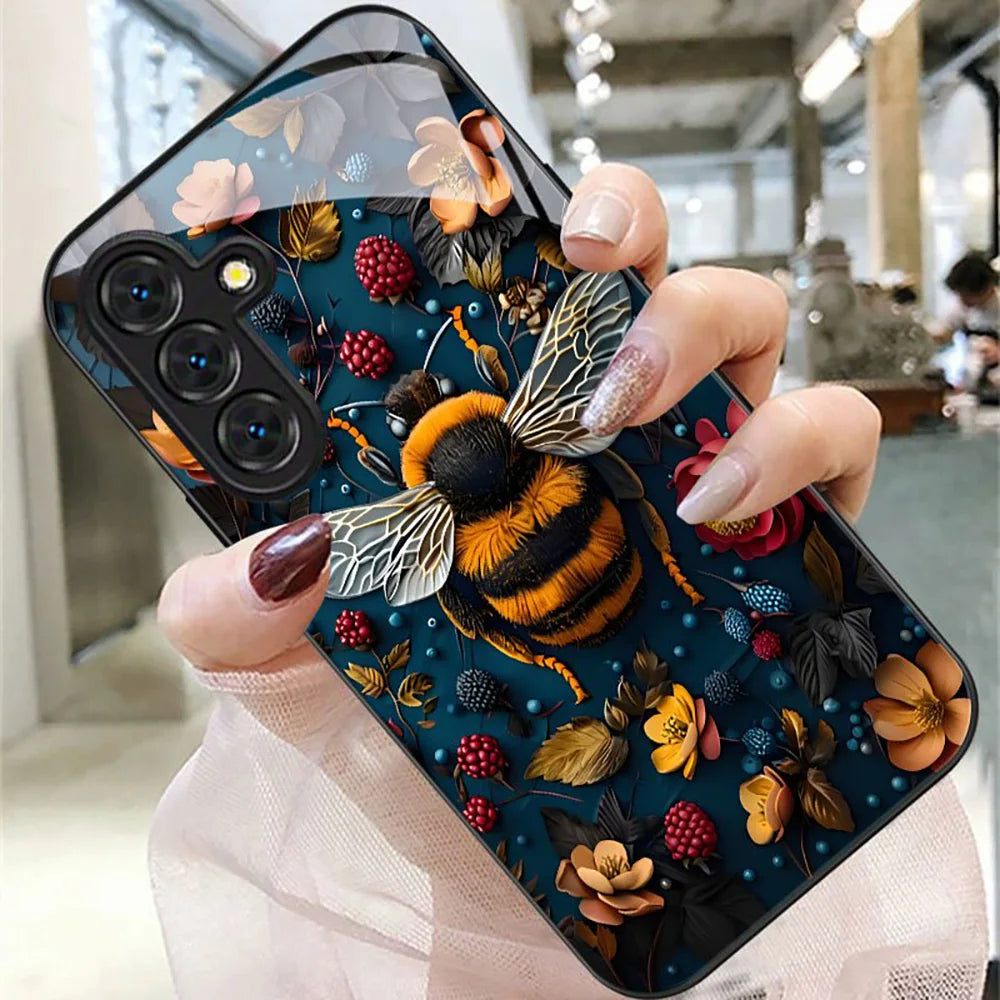 Hard Glass Honeybee Flower Case For Samsung Galaxy S26 Ultra Case Samsung S24 S22 S25 Ultra S 26 Plus S23 S20 S21 FE Cases Cover