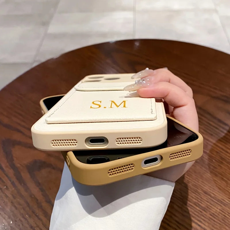 Custom Initials Name Letter Card Bag Leather Case For iPhone 17 16 15 14 13 12 11 Pro Max Air Card Slot Holder Shockproof Cover