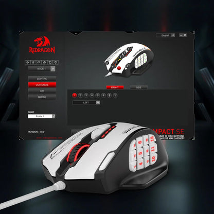 Redragon M908 Impact RGB MMO Gaming Mouse Optical Wired Ergonomic Design with Max 24000 DPI High Precision 18 Programmable Butto