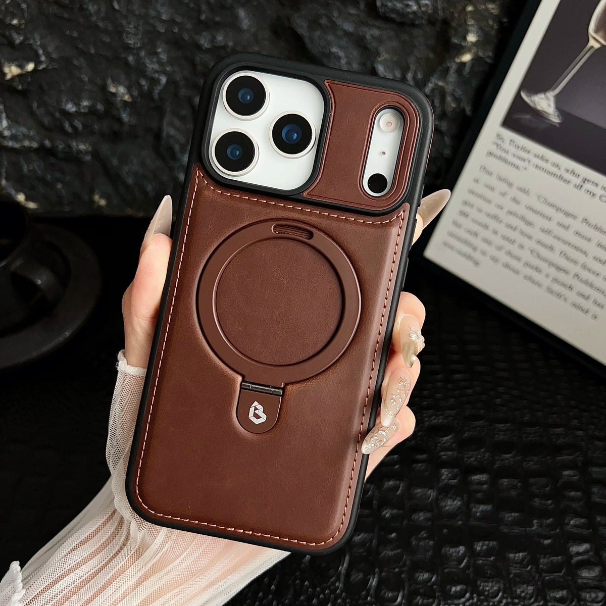 Luxury Magnetic Bracket Ring PU Leather Phone Case, For IPhone 17 16 15 Pro Max Air Magsafe Wireless Charging Hollow Logo Cover