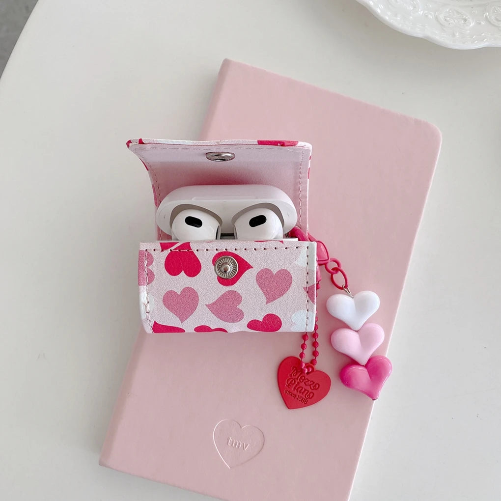 Y2K Sweet Girly Pink Gradient Love Heart Flip Faux Leather With Pendant Earphone Cover Case for AirPods 1 or 2 3 4 5 Pro 2 Pro 3