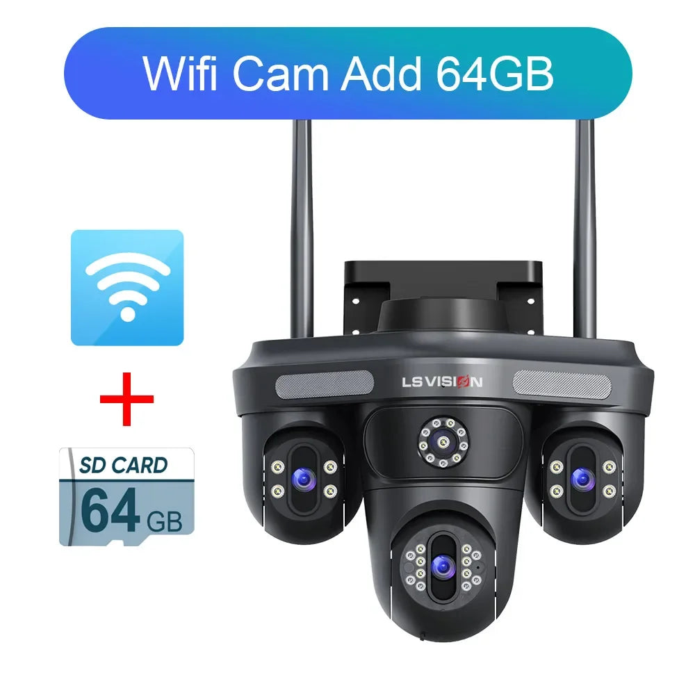 LS VISION 15MP Three Screens WiFi Security Camera Outdoor Three Lens Remote Rotation Color Night Vision Auto Tracking CCTV Cam