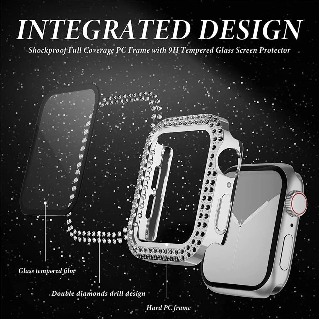 Glass+Cover For Apple Watch Case 45mm 44mm 41mm 40mm 46mm 42mm Bling Diamond bumper+Screen Protector series 12 11 10 9 8 7 6 SE