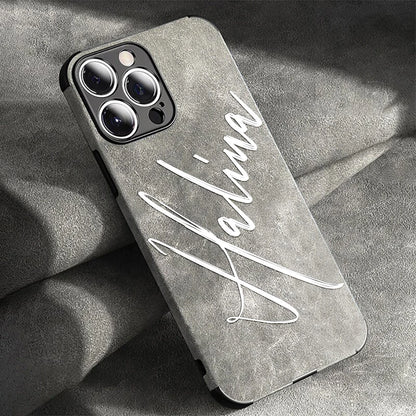 Large Brush Calligraphy Name Customized Phone Case For iPhone 16 15 14 13 12 11 Pro Max Lambskin Faux Leather Shockproof Cover