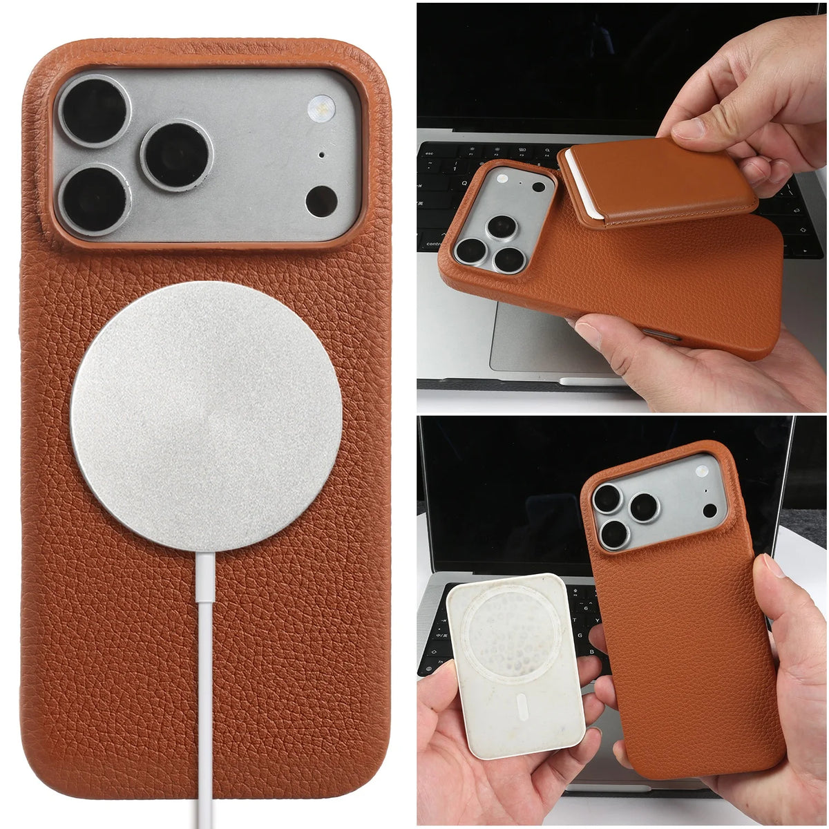 Litchi Genuine Leather Case for iPhone 17 Pro Max 16 15 14 13 12 11 For Magsafe Luxury Genuine Leather Handmade Phone Cover