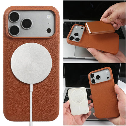 Litchi Genuine Leather Case for iPhone 17 Pro Max 16 15 14 13 12 11 For Magsafe Luxury Genuine Leather Handmade Phone Cover