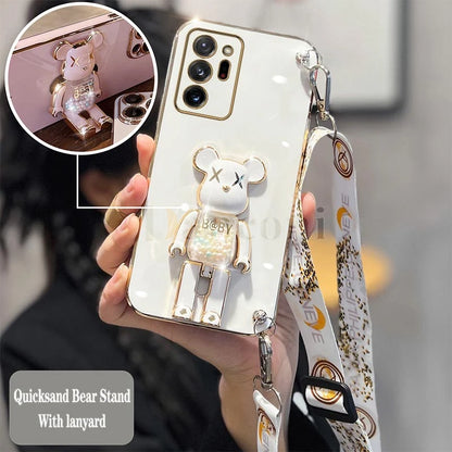 Cartoon Bear Lanyard Plating Phone Stereoscopic Holder Case For Samsung Galaxy Note 20 Ultra Note 10 Lite 8 9 M30S M42 M54 Cover