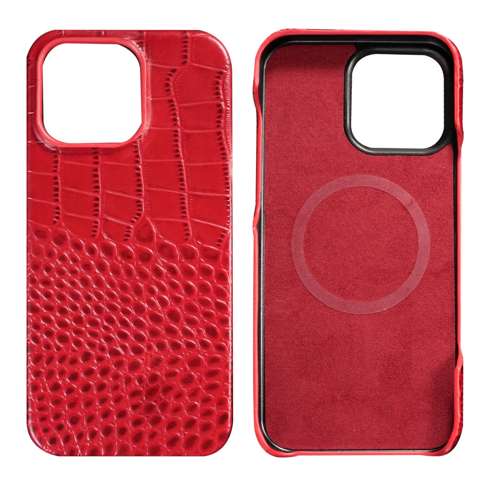 for Magsafe Case for iPhone 15 16 17 Pro Max Air 16Pro 17Pro Natural Cowhide Leather Magnetic Protector Luxury Phone Back Cover