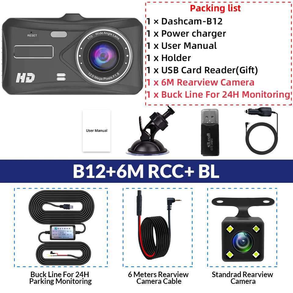 E-ACE 1080P Car DVR B12 Dash Cam Touch Sensitive Dash Camera WDR G Sensor Night Vision Optional Rear Lens Hidden Dashcam
