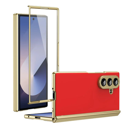 Leather Golden Border AG Matte Phone Case for Samsung Galaxy Z Fold 7 with Steel Film Hinge Protection Cover for Fold 7 6 5 4 3
