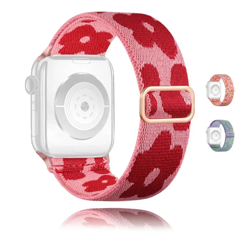 Soft Breathable Stretchy Nylon Solo Loop Band with Love/Flower Pattern - Elastic Braided, Compatible For Apple Watch 38mm-49mm