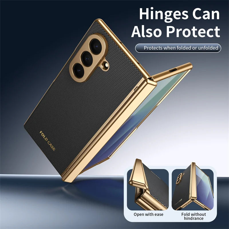 Leather Electroplated Frame Hinge Protect Case For Samsung Galaxy Z Fold 8Ultra 8 7 6 5 4 3 Screen Protect Film Shockproof Cover