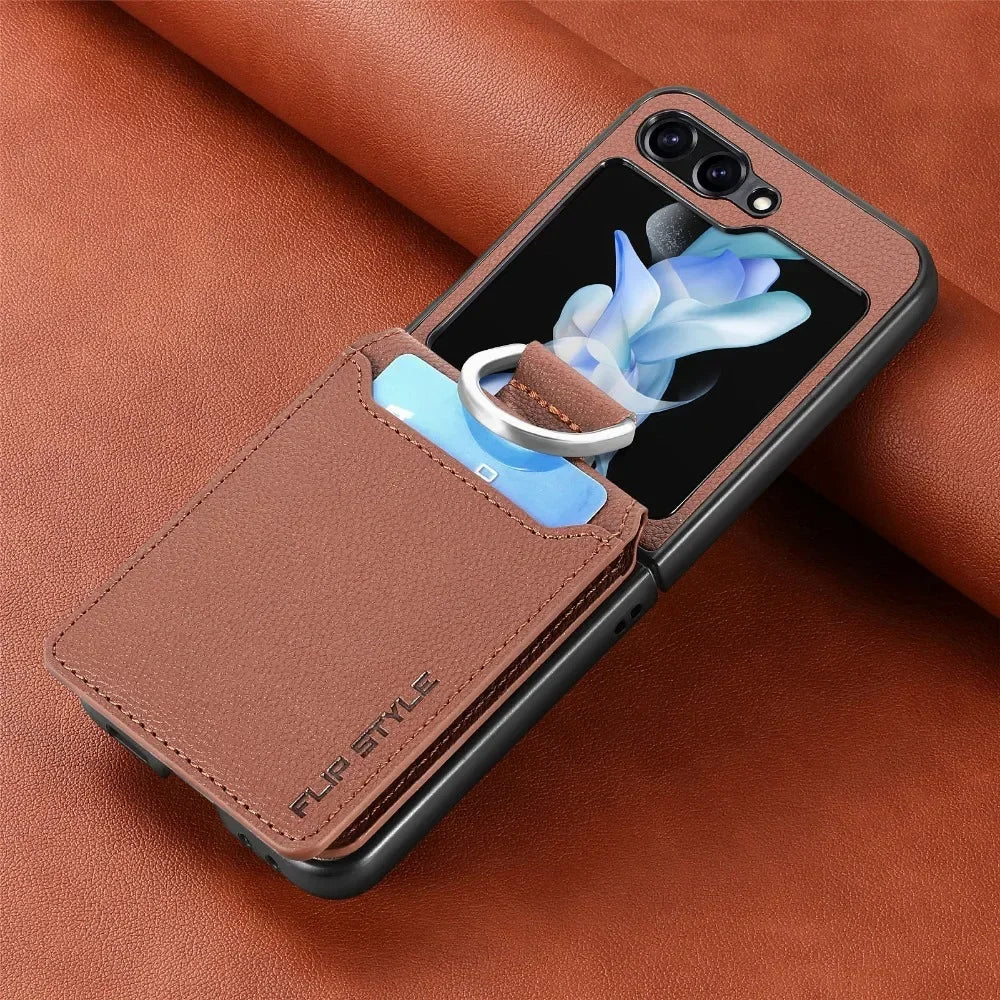 PU Leather for Samsung Z Flip 8 7 6 5 4 3 Flip6 Flip5 Flip4 Flip3 Flip7 Litchi Pattern Cover Ring Card Holder Wallet Phone Case