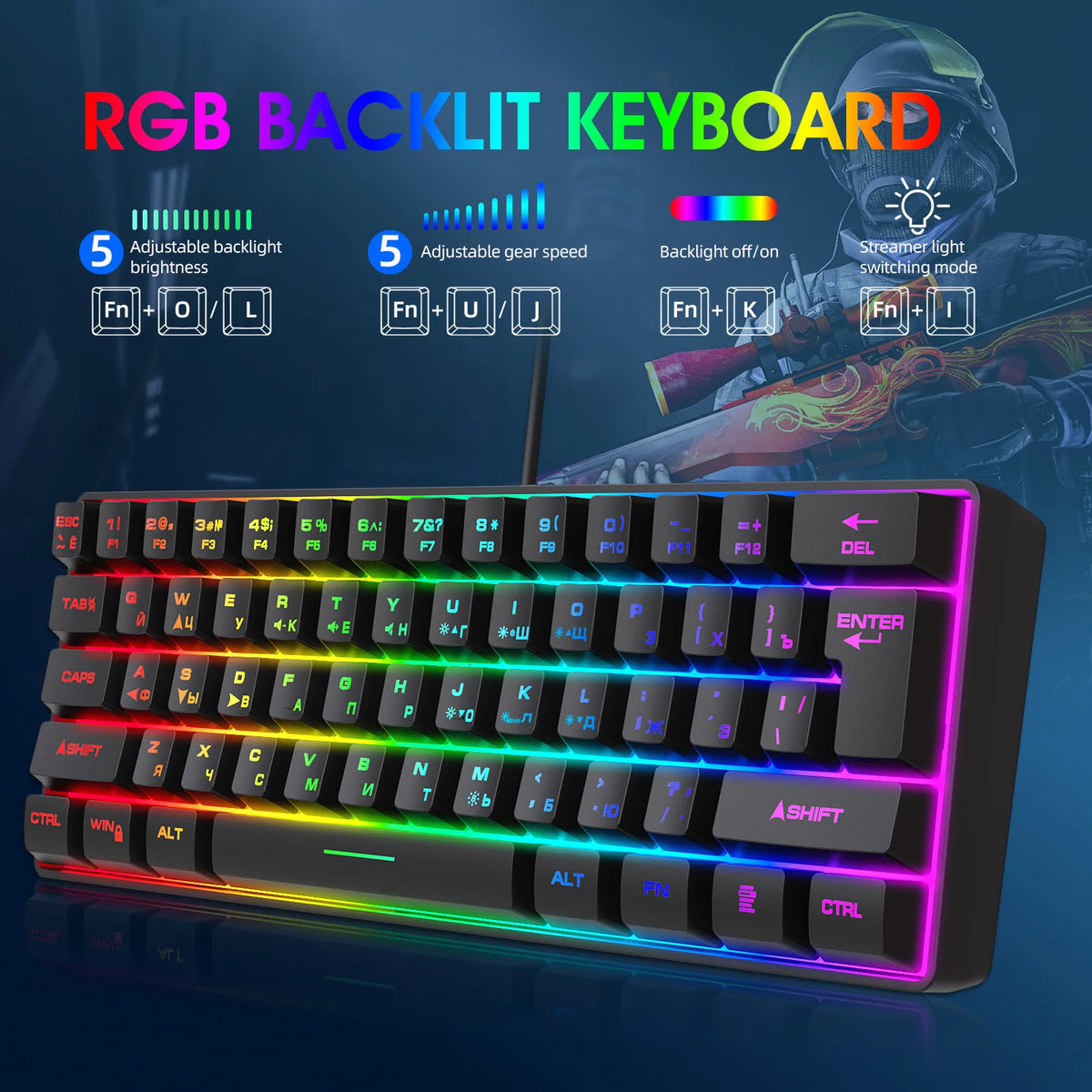 Russian Keyboard English RGB Lighting 61 Keys 60% Layout Gaming Keyboard ISO USB Wired Full Key No Impact K401 For Game Office