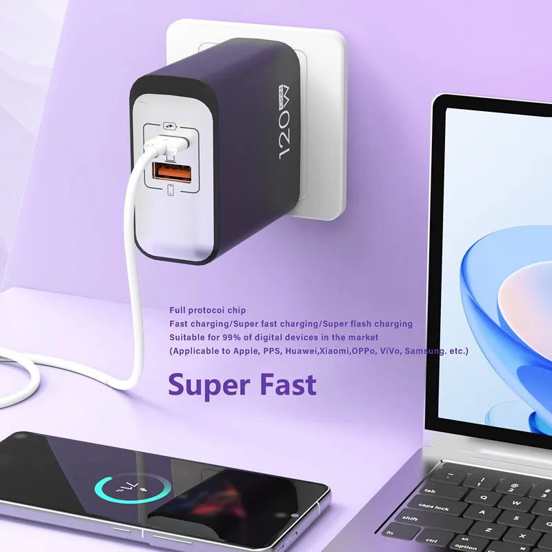 120W PD Fast Charger Type C Quick Charge USB C Wall Charger Adapter For iPhone 17 16 15 Samsung Xiaomi OPPO 2-in-1 Data Cable﻿﻿