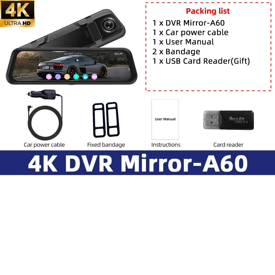 E-ACE 4K Dashcam 9.66'' Mirror Dash Car Camera 2.5K Rear Camera Support WIFI GPS ADAS Touch Screen Video Recorder Black Box ﻿