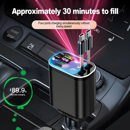 120W Retractable Car Charger with Roof Starlight USB C Cable Fast Charger Cigarette Lighter Adapter For IPhone Huawei Samsung