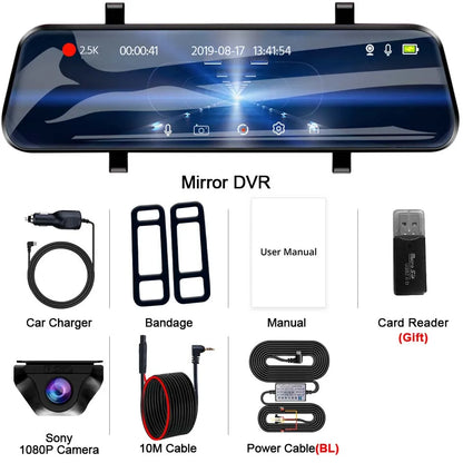E-ACE 2.5K Mirror Camera For Car Touch Screen Video Recorder Rearview Mirror Dashcam 1440P GPS Wifi 24H Parking DVR Black Box