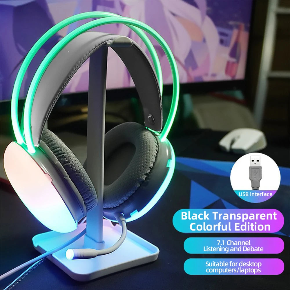 AULA S505 Esports Gaming Headphones Computer USB Wired Headset RGB Cool Light Effect Headband Transparent Earphone for PC Laptop
