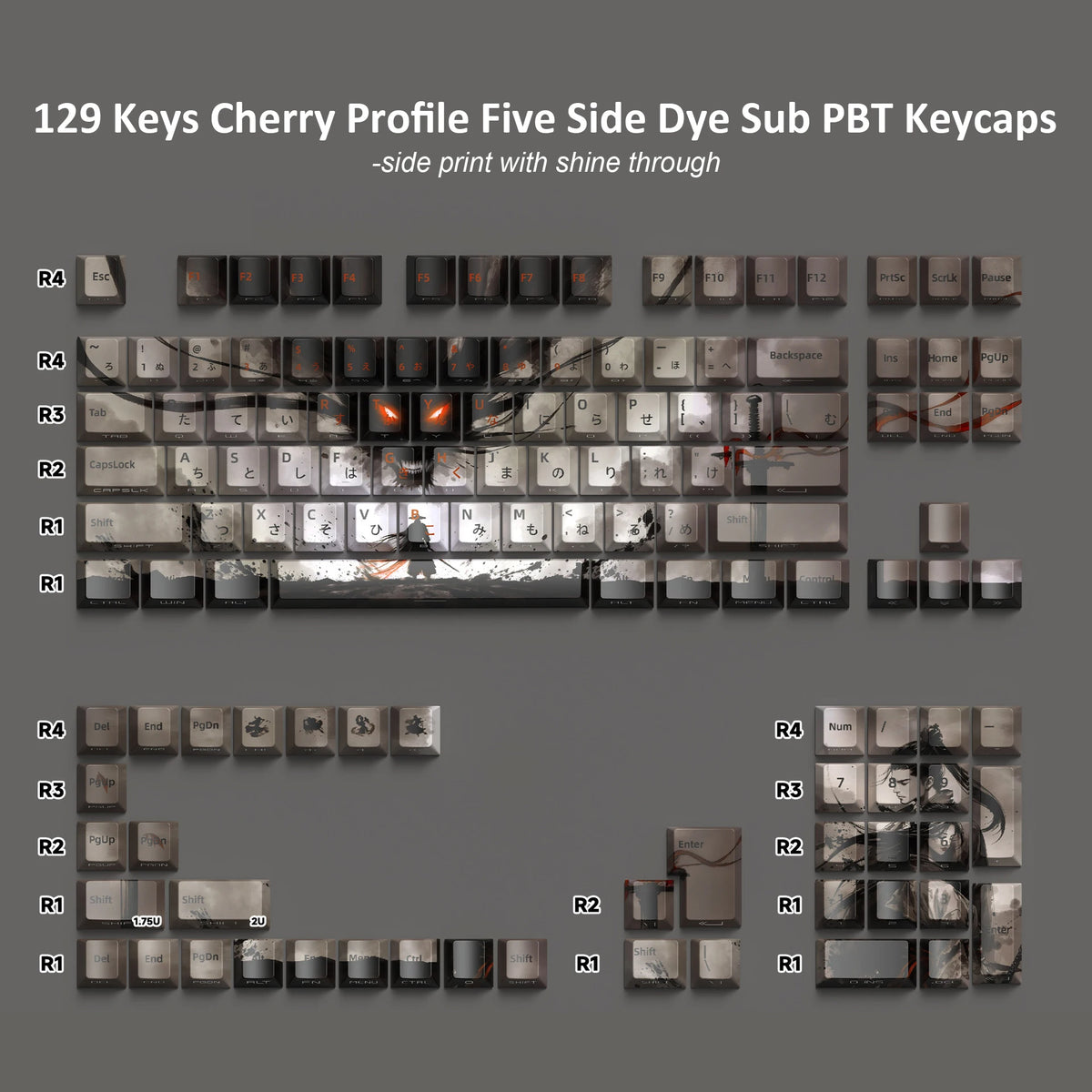 Kanagawa Themed Top/Side Printed RGB Backlit Keycaps 125 Keys Dye Sub PBT Keycaps Cherry Profile for Cherry MX Swtches Keyboard