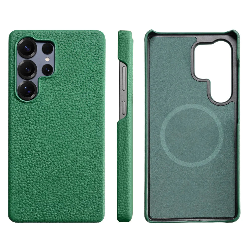 for Magsafe Case for Samsung Galaxy S26 S25 Ultra S24 Plus Natural Cowhide Lychee Leather Magnetic Protector Luxury Phone Cover