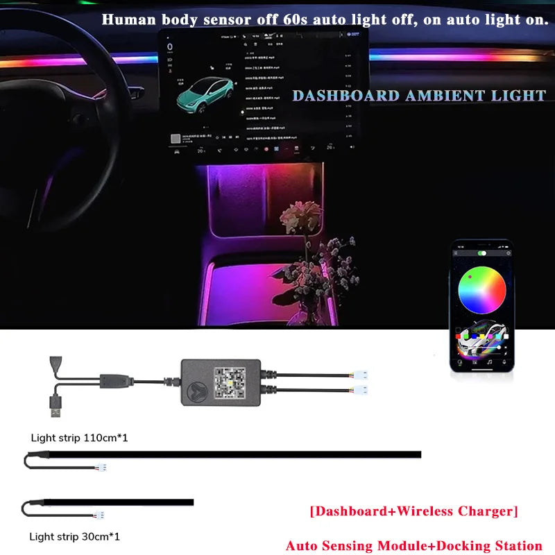 For Tesla Model 3/Y 2 IN 1 Dynamic Neon RGB Car LED Ambient Lighting 60s Automatic OFF Module Dashboard Lighting Decorative Lamp