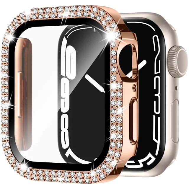 Glass+Cover For Apple Watch Case 45mm 44mm 41mm 40mm 46mm 42mm Bling Diamond bumper+Screen Protector series 12 11 10 9 8 7 6 SE