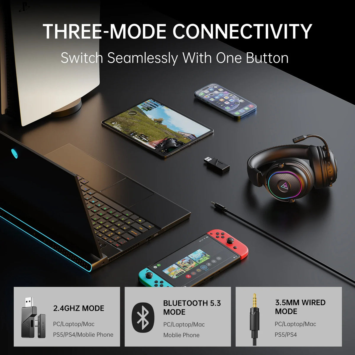 Oneodio EKSA MaKo BT Bluetooth Gaming Headset Over Ear 2.4GHz Wireless Headphones Gamer 20ms Low Latency With Mic for PC/PS4/PS5