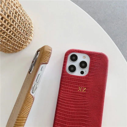 Personalise Gold Silver Initials Letters Leather Case For iphone 15 14 13 16 17 18Pro Max 14 16 Plus Luxury Lizard PU Hard Cover
