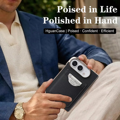 Matte PU Leather Card Phone Case For iPhone Duo 18 Fold Electroplated Frame Foldable Kickstand Drop Protection Cover