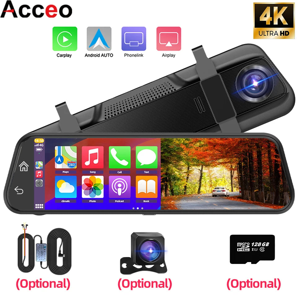 4K HD Car DVR Touch Screen Carplay & Android Auto Dash Cam Night Vision Video Recorder Driving Recorder