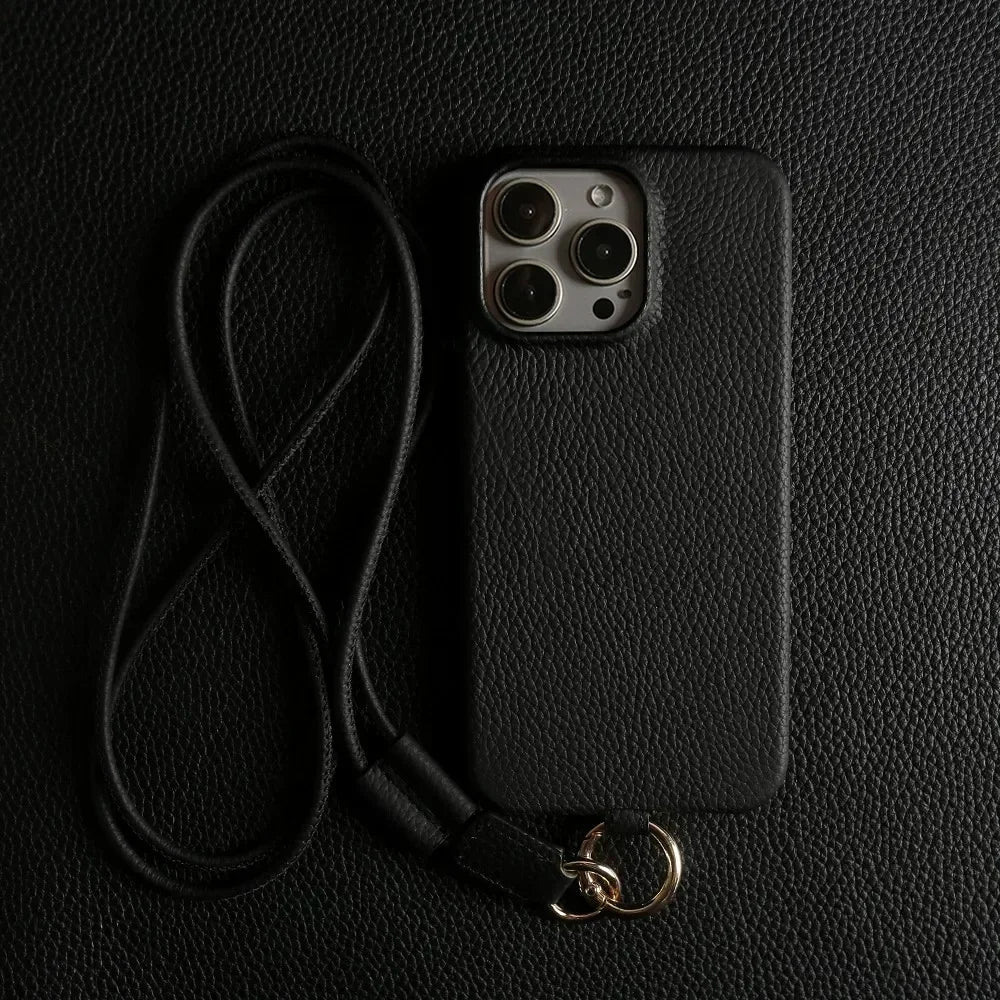 Luxury Cowhide Genuine Leather Case For iPhone 16 Pro Max 15Pro 11 13 12pro 14Pro 14 Strap Crossbody Lanyard Phone Cover Coque
