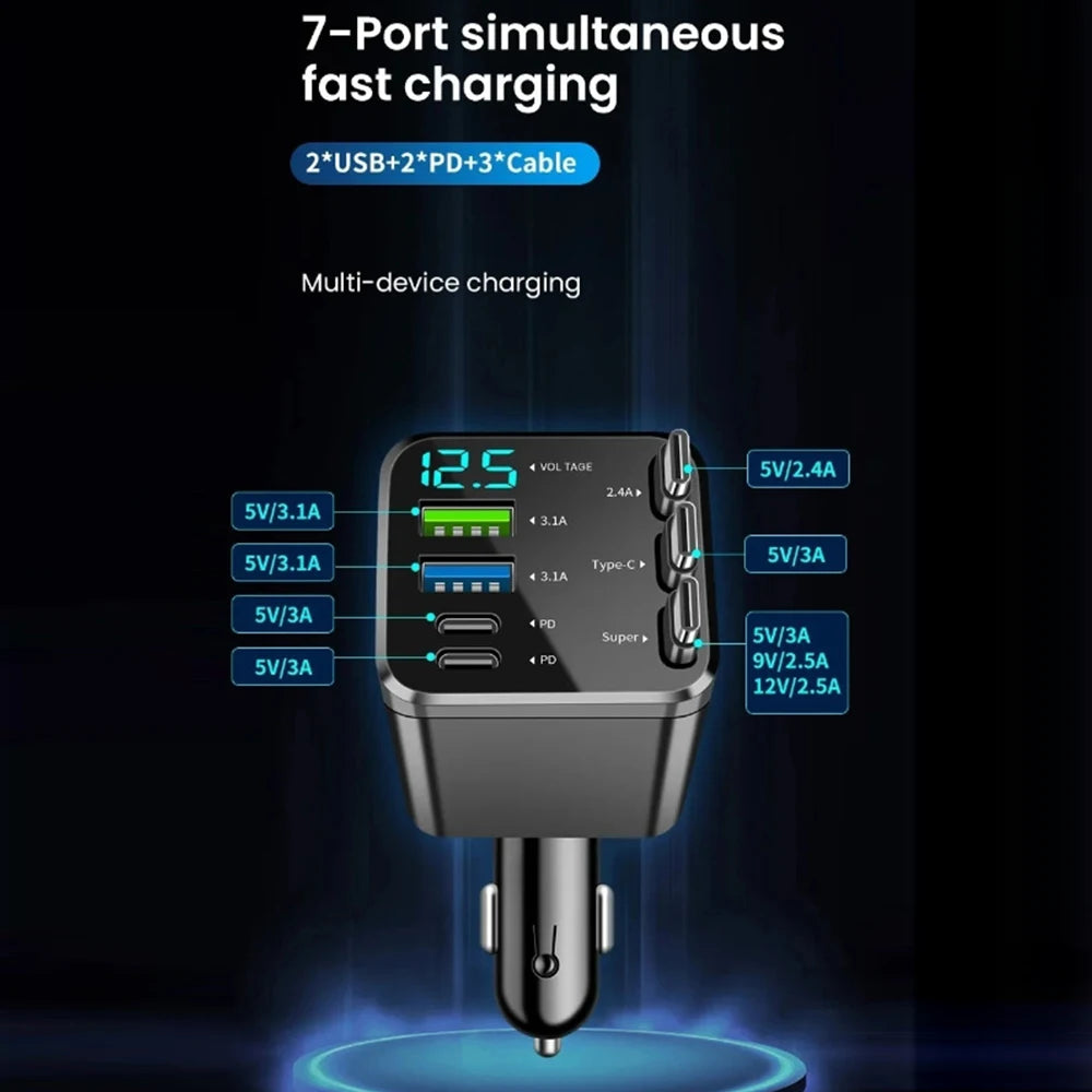 KEBIDUMEI 180W Car Charger PD30W USB 3.1A Phone Charger Digital Display Fast Charging Retractable Cable Adapter Auto Accessories