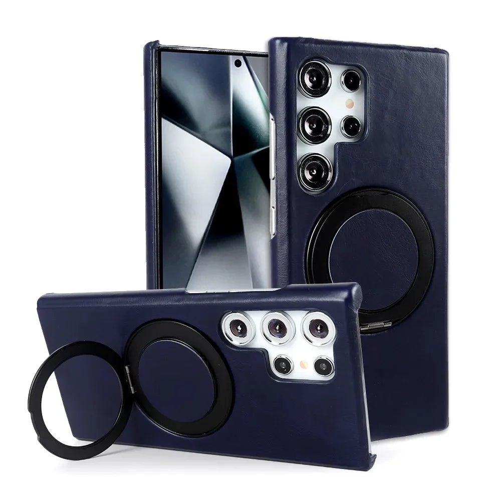Luxury Genuine Leather Case For Samsung Galaxy S24 Ultra S23 S22 S21FE S20 Note20 S23FE Magnetic Ring Stand Bracket Phone Cases