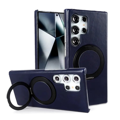 Luxury Genuine Leather Case For Samsung Galaxy S24 Ultra S23 S22 S21FE S20 Note20 S23FE Magnetic Ring Stand Bracket Phone Cases