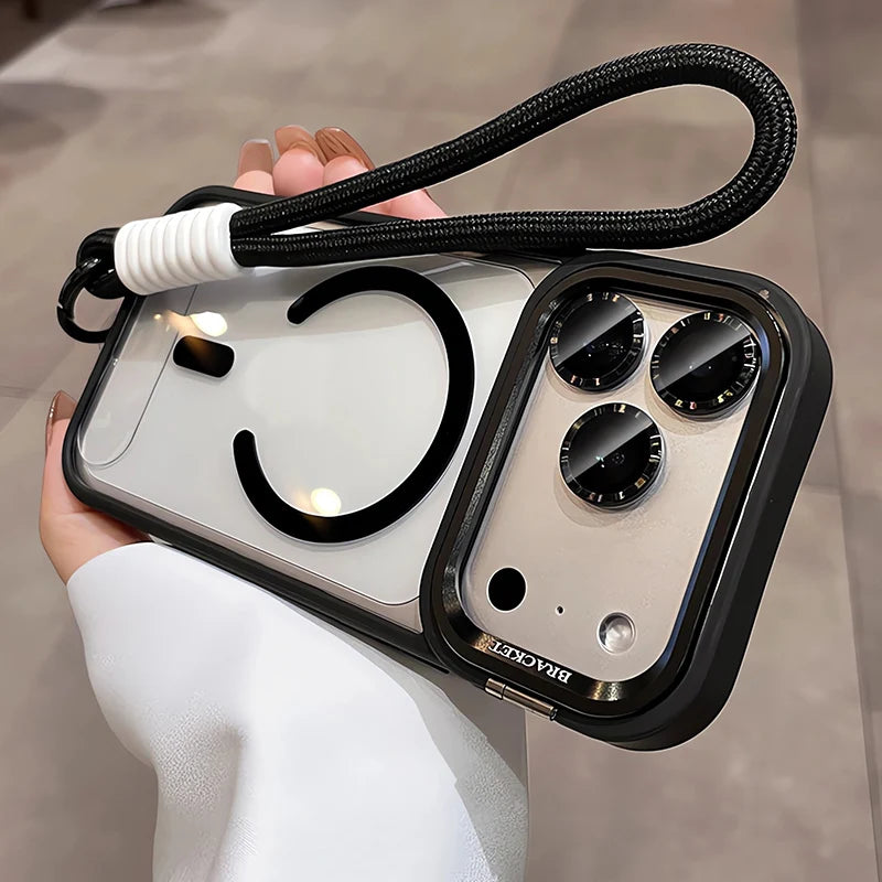 New Tech-Style Magnetic Drop-proof Full-wrap Phone Case with Holder Lanyard for iPhone 17 16 15 14 13 12 11 Pro Max Plus Air