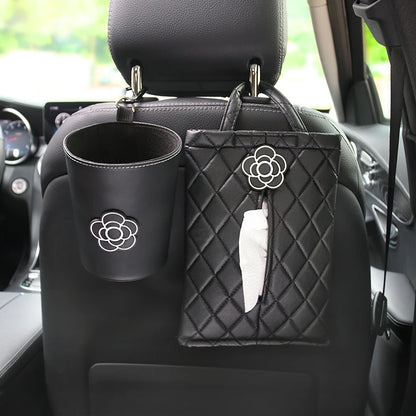 Creative Camellia Flower Leather Car Tissue Paper Towel Bag Auto Back Seat Headrest Hanging Trash Bin Can Women Car Accessories