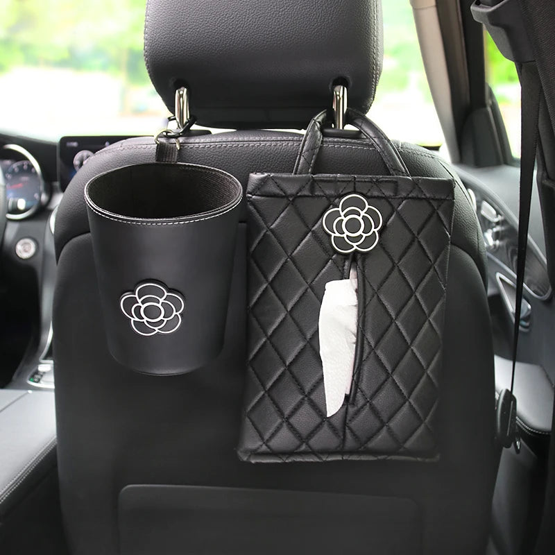 Creative Camellia Flower Leather Car Tissue Paper Towel Bag Auto Back Seat Headrest Hanging Trash Bin Can Women Car Accessories