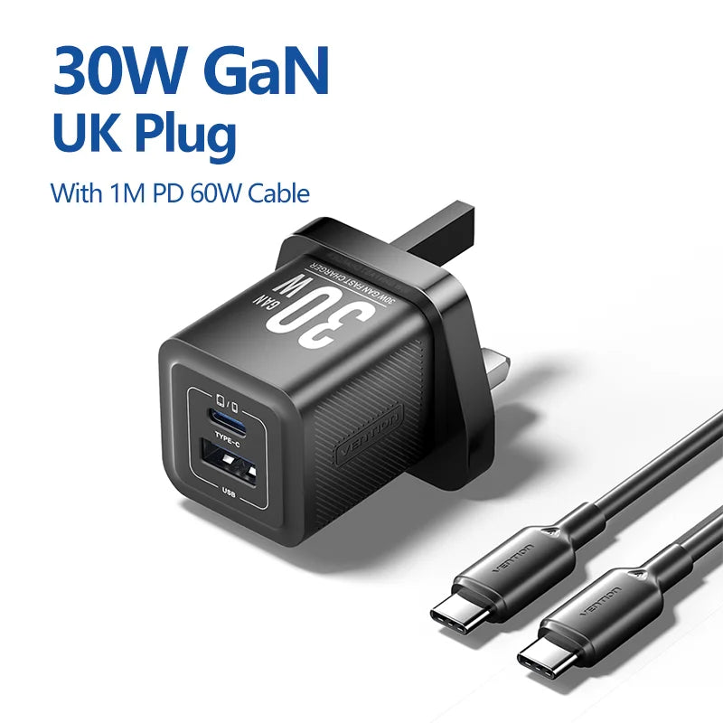 Vention GaN 30W Fast Charger for iPhone 17 16 15 14 13 PD3.0 Charger for iPad Pro Xiaomi Samsung USB Type C Mobile Phone Charger