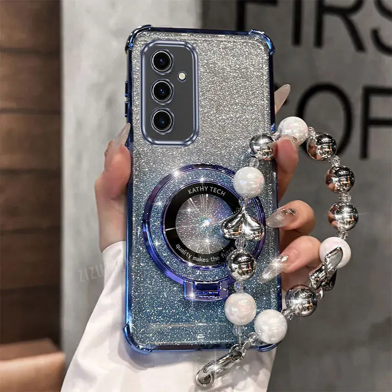 Pearl Strap Lanyard Glitter Lucky Ring Phone Holder Case For Samsung Galaxy S24 S20 S21 S22 S23 S25 FE Note 10 20 Plus + Ultra