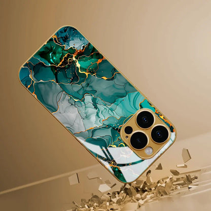 Green Gold Dali Texture Tempered Glass Phone Case For iPhone 17 Pro Max 14 15 16 Plus 11 12 13 Pro Max 16E 17Air Protect Cover