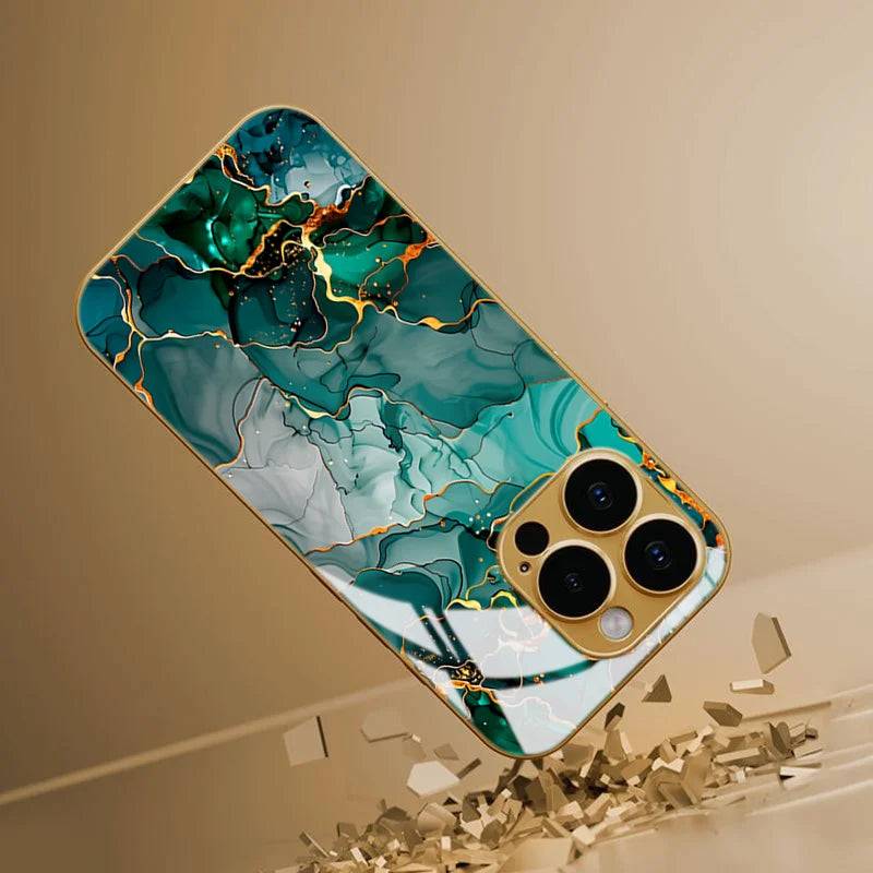 Green Gold Dali Texture Tempered Glass Phone Case For iPhone 17 Pro Max 14 15 16 Plus 11 12 13 Pro Max 16E 17Air Protect Cover
