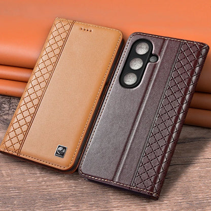 Flip Case For SAMSUNG Galaxy S26 S25 S24 S23 Ultra Plus FE 5G Genuine Leather Magnetic Cover Cowhide Grid Pattern Wallet Cases