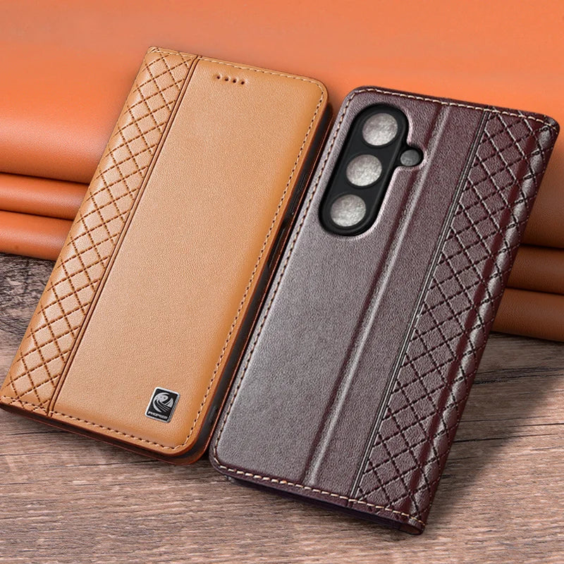 Flip Case For SAMSUNG Galaxy S26 S25 S24 S23 Ultra Plus FE 5G Genuine Leather Magnetic Cover Cowhide Grid Pattern Wallet Cases
